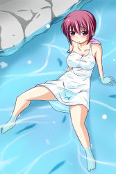 Rule 34 | 10s, 1girl, arm support, bare legs, bare shoulders, barefoot, blush, dress, hair ribbon, highres, hoshizora ikuyo, leaning back, nishi koutarou, off shoulder, partially submerged, precure, red eyes, red hair, ribbon, river, shiny skin, shirt, skirt, smile precure!, solo, strap slip, taut clothes, taut shirt, water, wet, wet clothes, white dress, white skirt