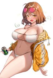 Rule 34 | 1girl, :o, absurdres, ahoge, anis (nikke), anis (sparkling summer) (nikke), artist name, bare shoulders, bikini, blush, breasts, brown hair, can, cleavage, eyepatch bikini, eyewear on head, goddess of victory: nikke, hair intakes, highres, holding, holding can, jacket, jesh art, jewelry, large breasts, looking at viewer, navel, necklace, off-shoulder jacket, off shoulder, official alternate costume, open mouth, pink-tinted eyewear, short hair, side-tie bikini bottom, simple background, solo, squeans, string bikini, sunglasses, swimsuit, tinted eyewear, white background, white bikini, yellow eyes, yellow jacket