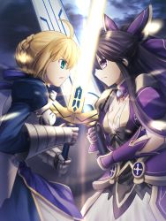 Rule 34 | 2girls, ahoge, armor, armored dress, artoria pendragon (all), artoria pendragon (fate), black bow, black hair, blonde hair, blue dress, blue ribbon, bow, braid, breastplate, breasts, cleavage, closed mouth, commentary request, crossover, date a live, dress, excalibur (fate/stay night), fate/grand order, fate/stay night, fate (series), french braid, gauntlets, green eyes, hair bow, hair ribbon, highres, holding, holding sword, holding weapon, long hair, looking at another, multiple girls, ponytail, profile, purple bow, purple dress, purple eyes, ribbon, saber (fate), shoori (migiha), short hair, sidelocks, sword, sword clash, very long hair, weapon, yatogami tooka