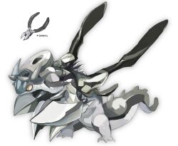 Rule 34 | animal focus, from side, full body, grey horns, horns, monsterification, no humans, omarumaru, original, reference inset, ringed eyes, scissors, shears, simple background, solo, spikes, tail, white background, wings, yellow eyes