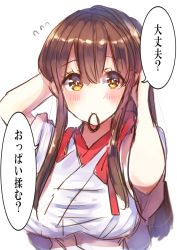 Rule 34 | 10s, 1girl, adjusting hair, akagi (kancolle), blush, brown eyes, brown hair, daijoubu? oppai momu?, flying sweatdrops, hair tie, hands in hair, highres, japanese clothes, kantai collection, long hair, looking at viewer, meme, mochiko (mocchikkoo), mouth hold, sketch, solo, translated, white background
