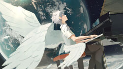 Rule 34 | 1boy, absurdres, angel wings, black pants, blurry, closed eyes, closed mouth, collared shirt, commentary, depth of field, dutch angle, earth (planet), feathered wings, feathers, feet out of frame, from side, grey hair, highres, instrument, kuhakuyoi, male focus, multiple wings, music, nagisa kaworu, neon genesis evangelion, on chair, on moon, pants, piano, piano bench, planet, playing instrument, playing piano, profile, rebuild of evangelion, reflection, school uniform, shirt, short hair, short sleeves, sitting, solo, space, star (sky), steinway &amp; sons, white feathers, white hair, white wings, wings, wings through clothes
