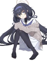 Rule 34 | 1girl, absurdres, black hair, black pantyhose, blue archive, cardigan, commentary request, crossed bangs, full body, glasses, grey cardigan, grey halo, hair between eyes, hair ribbon, hairband, halo, head tilt, highres, jewelry, knees together feet apart, knees up, kotori (ba), long hair, long sleeves, looking at viewer, low twintails, mixed-language commentary, neckerchief, necklace, off shoulder, on floor, open mouth, pantyhose, partial commentary, pleated skirt, purple eyes, purple hairband, purple neckerchief, purple ribbon, ribbon, round eyewear, sailor collar, school uniform, shirt, sidelocks, simple background, sitting, skirt, sleeves past wrists, soles, solo, turtleneck, twintails, ui (blue archive), very long hair, wavy mouth, white background, white sailor collar, white shirt, white skirt, yellow-framed eyewear