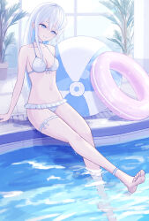 Rule 34 | 1girl, arm up, ball, bare arms, barefoot, beachball, bikini, blue eyes, breasts, cleavage, closed mouth, commentary request, crossed bangs, enokitake, feet, grey hair, hair between eyes, highres, indoors, innertube, long hair, navel, original, plant, pool, poolside, potted plant, sideboob, sitting, small breasts, smile, swim ring, swimsuit, thigh strap, toes, white bikini, white hair, window