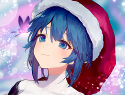 Rule 34 | 1girl, ainy, artist name, blue eyes, blue hair, blush, bug, butterfly, collarbone, commentary request, doremy sweet, hair between eyes, hat, insect, lens flare, light particles, looking up, nightcap, portrait, purple butterfly, red hat, short hair, smile, solo, touhou, twitter username