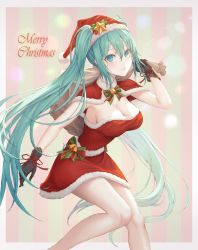 Rule 34 | 1girl, absurdres, aqua eyes, aqua hair, bell, black gloves, breasts, christmas, cleavage, eichi (pixiv35286171), gloves, hair between eyes, hat, hatsune miku, highres, jingle bell, large breasts, long hair, looking at viewer, merry christmas, sack, santa costume, santa hat, solo, twintails, vocaloid