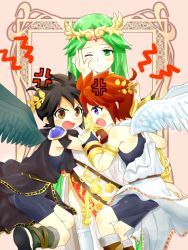Rule 34 | 1girl, 2boys, blush, coolplay, dark pit, image sample, jewelry, kid icarus, lots of jewelry, multiple boys, nintendo, palutena, pit (kid icarus), pixiv sample, resized, tagme, thighhighs