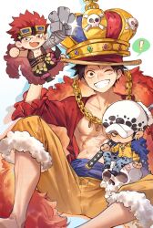 Rule 34 | !, 3boys, abs, barefoot, black footwear, black hair, blue cape, blue pants, blue sash, boots, brown eyes, cape, chain, chain necklace, chest tattoo, chibi, collared shirt, crown, earrings, eustass kid, facial hair, facial scar, fur-trimmed shorts, fur cape, fur trim, goatee, goggles, goggles on head, gold chain, grin, hand tattoo, hat, highres, jewelry, jolly roger, looking at viewer, male focus, mechanical arms, monkey d. luffy, multiple boys, necklace, one eye closed, one piece, open clothes, open mouth, open shirt, pants, red cape, red hair, red shirt, sash, scar, scar on cheek, scar on face, shirt, shoes, short hair, shorts, simple background, single mechanical arm, sitting, skull, smile, speech bubble, straw hat, tattoo, teeth, toned, toned male, trafalgar law, waist sash, white background, white hat, xuchuan, yellow shirt, yellow shorts