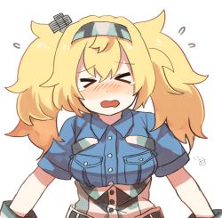 Rule 34 | 1girl, artist name, belt, blonde hair, blue shirt, blush, breast pocket, breasts, buttons, collared shirt, crying, closed eyes, flying sweatdrops, gambier bay (kancolle), gloves, hair between eyes, hair ornament, hairband, headgear, ina (1813576), kantai collection, long hair, open mouth, pocket, shirt, short sleeves, simple background, solo, tears, twintails, upper body, white background