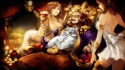 Rule 34 | 1boy, 2girls, alcohol, armband, balding, bare shoulders, beard, bow, bracelet, breast press, breasts, brown eyes, brown hair, chair, circlet, coin, contrapposto, covered erect nipples, crown, cup, drill hair, drinking glass, facial hair, fat, fat man, food, fruit, gold, grapes, jewelry, large breasts, lips, long hair, multiple girls, mustache, obese, parted lips, rain yoo, ring, shoulder blades, standing, strawberry, thigh strap, wine, wine glass, zzoggomini