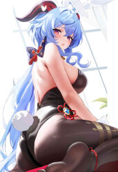 Rule 34 | 1girl, :o, alternate costume, animal ears, ass, back, backless leotard, bare arms, bare shoulders, black leotard, black pantyhose, blue hair, blush, breasts, bug, butterfly, fake animal ears, fake tail, fantongjun, from behind, ganyu (genshin impact), genshin impact, goat horns, highleg, highleg leotard, highres, horns, insect, jpeg artifacts, large breasts, leotard, long hair, open mouth, pantyhose, playboy bunny, purple eyes, rabbit ears, rabbit tail, solo, tail, thighs, vision (genshin impact)