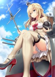 Rule 34 | 10s, 1girl, blonde hair, blue eyes, braid, breasts, clothes between thighs, cloud, cloudy sky, crossed legs, crown, day, dress, french braid, from below, garter straps, hairband, half updo, high heels, holding, jewelry, kantai collection, kase daiki, long hair, machinery, medium breasts, mini crown, necklace, outdoors, red soles, shoes, sitting, sky, solo, stiletto heels, thighhighs, warspite (kancolle)