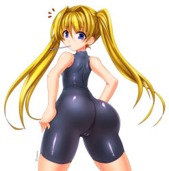 Rule 34 | 1girl, ass, backboob, bare shoulders, blonde hair, blue eyes, blush, breasts, candy, character request, earrings, food, from behind, highres, huge ass, iyamato, jewelry, lollipop, long hair, looking at viewer, looking back, shiny clothes, small breasts, solo, source request, surprised, twintails