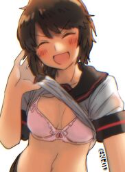 Rule 34 | 1girl, :d, arm at side, artist name, black sailor collar, blush, bow, bow bra, bra, breasts, brown hair, cleavage, closed eyes, clothes lift, collarbone, commentary, dress shirt, ergot, facing viewer, hand up, head tilt, kantai collection, lace, lace-trimmed bra, lace trim, lifting own clothes, midriff, miyuki (kancolle), navel, open mouth, pink bra, sailor collar, school uniform, serafuku, shirt, shirt lift, short hair, short sleeves, signature, simple background, small breasts, smile, solo, standing, underwear, upper body, v-shaped eyes, white background, white shirt