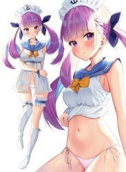 Rule 34 | 1girl, babydoll, bare arms, bare shoulders, bow, bowtie, braid, breasts, bridal garter, closed mouth, clothes lift, duplicate, hair ribbon, headdress, highres, hololive, k mugura, lingerie, long hair, looking at viewer, medium breasts, minato aqua, multicolored hair, multiple views, navel, over-kneehighs, panties, purple eyes, purple hair, ribbon, sailor collar, see-through, shirt, shirt lift, side-tie panties, sidelocks, simple background, sleeveless, sleeveless shirt, smile, stomach, streaked hair, string panties, thighhighs, twintails, two-tone hair, underwear, virtual youtuber, white background, white panties, white shirt, white thighhighs