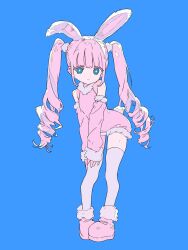 Rule 34 | 1girl, animal ears, bare shoulders, blue background, blue eyes, bright pupils, detached sleeves, dress, drill hair, full body, fur-trimmed footwear, fur trim, highres, leaning forward, long hair, long sleeves, looking at viewer, mochu (aoishikabane), original, parted lips, petite, pink dress, pink footwear, pink hair, pink sleeves, rabbit ears, rabbit tail, shoes, short dress, sidelocks, simple background, sleeves past wrists, solo, standing, tail, thighhighs, twin drills, twintails, white pupils, white thighhighs