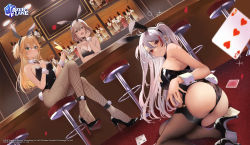 Rule 34 | 3girls, absurdres, admiral hipper (azur lane), animal ears, ass, azur lane, bar (place), bar stool, black footwear, black leotard, blonde hair, bow, bowtie, breasts, card, detached collar, fake animal ears, fake tail, fishnet pantyhose, fishnet thighhighs, fishnets, from behind, green eyes, hamu (plot sy), hand on own cheek, hand on own face, high heels, highres, indoors, large breasts, leotard, light brown hair, looking at viewer, looking back, milestone celebration, multicolored hair, multiple girls, official art, open mouth, orange eyes, pantyhose, patent heels, playboy bunny, playing card, prinz eugen (azur lane), pumps, rabbit ears, rabbit tail, red eyes, red hair, roon (azur lane), shoes, sitting, stiletto heels, stool, strapless, strapless leotard, streaked hair, tail, thighhighs, two-tone hair, white hair, wrist cuffs