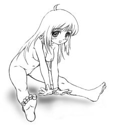 Rule 34 | 1girl, barefoot, breasts, cleft of venus, feet, female focus, full body, greyscale, himadarou, medium breasts, monochrome, navel, nipples, nude, pussy, solo, spread legs, uncensored, white background
