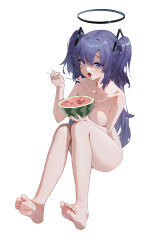 Rule 34 | 1girl, absurdres, blue archive, blush, breasts, collarbone, completely nude, derivative work, eating, feet, food, fruit, full body, hair between eyes, halo, heiyizhushenxia, highres, holding, holding food, holding fruit, large breasts, legs, long hair, looking at viewer, medium breasts, nude, open mouth, simple background, sitting, soles, solo, spoon, thighs, toes, two side up, watermelon, white background, yuuka (blue archive)