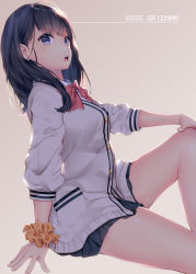 Rule 34 | 10s, 1girl, black hair, black skirt, blue eyes, bow, breasts, brown background, cardigan, collared shirt, commentary request, copyright name, gridman universe, hand on own knee, head tilt, knee up, long hair, long sleeves, looking at viewer, looking to the side, miniskirt, open mouth, orange scrunchie, pleated skirt, puffy long sleeves, puffy sleeves, red bow, scrunchie, shiomizu (swat), shirt, simple background, sitting, skirt, small breasts, solo, ssss.gridman, takarada rikka, white cardigan, white shirt, wrist scrunchie