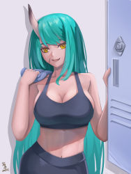 Rule 34 | 1girl, :d, absurdres, arknights, bare arms, bare shoulders, breasts, cleavage, commentary, crop top, facial scar, fang, green hair, hands up, highres, holding, holding towel, horns, hoshiguma (arknights), indoors, large breasts, long hair, looking at viewer, maskiy, midriff, navel, open mouth, scar, scar on cheek, scar on face, single horn, smile, solo, sports bra, stomach, towel, upper body, very long hair, yellow eyes