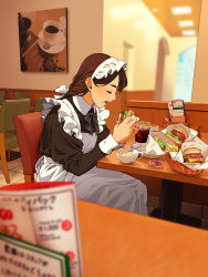 Rule 34 | 1girl, apron, blurry, bowl, braid, burger, cafe, chair, cheese, cola, cup, depth of field, drinking glass, eating, closed eyes, food, french fries, from side, highres, ice, ice cube, ketchup, lettuce, maid, maid apron, maid headdress, menu, original, plate, sauce, single braid, sliced cheese, sliced meat, solo, soup, spoon, suzushiro (suzushiro333), table