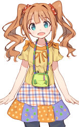 Rule 34 | 1girl, :d, arms at sides, bag, blue eyes, brown hair, hair ornament, hair scrunchie, highres, idolmaster, idolmaster (classic), long hair, looking at viewer, open mouth, red scrunchie, scrunchie, shone, short sleeves, simple background, smile, solo, takatsuki yayoi, twintails, white background