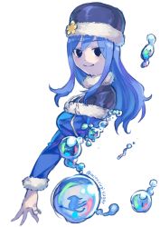 Rule 34 | 1girl, absurdres, blue eyes, blue hair, breasts, bubble, capelet, fairy tail, fur-trimmed capelet, fur-trimmed headwear, fur-trimmed sleeves, fur trim, hair between eyes, hat, highres, juvia lockser, large breasts, long hair, long sleeves, looking at viewer, mitsurugi sugar, simple background, smile, solo, twitter username, upper body, white background