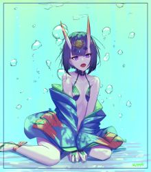 Rule 34 | 1girl, absurdres, bad id, bad pixiv id, blue kimono, collarbone, fate/grand order, fate (series), flat chest, highres, horns, japanese clothes, kimono, looking at viewer, oni, open mouth, purple eyes, purple hair, sawarineko, short hair, shuten douji (fate), sitting, skin-covered horns, solo, thick eyebrows, twitter username