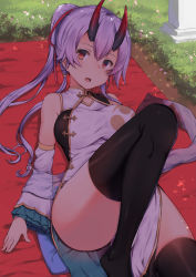 Rule 34 | 1girl, :o, bare shoulders, black thighhighs, blush, breasts, china dress, chinese clothes, clothes between thighs, commentary request, dappled sunlight, day, detached sleeves, dress, fate/grand order, fate (series), feet out of frame, frilled sleeves, frills, grass, hair between eyes, hair ribbon, head tilt, heroic spirit traveling outfit, highres, horns, kaname (melaninusa09), knee up, large breasts, long hair, long sleeves, lying, on back, oni horns, open mouth, outdoors, pelvic curtain, ponytail, purple hair, red eyes, red ribbon, ribbon, shade, shawl, solo, sunlight, thighhighs, thighs, tomoe gozen (fate), tomoe gozen (traveling outfit) (fate), white dress
