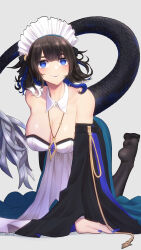 Rule 34 | 1girl, absurdres, arknights, arm support, bare shoulders, black hair, black pantyhose, blue eyes, blue hair, blue lips, blue nails, breasts, cleavage, commentary request, detached collar, detached sleeves, dress, grey background, highres, jewelry, kjera (arknights), kjera (ingenious servant) (arknights), large breasts, long sleeves, looking at viewer, maid, maid headdress, multicolored hair, nail polish, no shoes, official alternate costume, pantyhose, pendant, simple background, smile, solo, strapless, strapless dress, tail, white dress, wide sleeves, yamauchi (conan-comy)