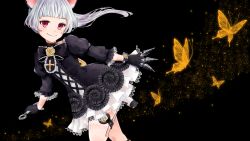 Rule 34 | 1girl, animal ears, artist request, black background, black dress, boots, bug, butterfly, cat ears, dress, dual wielding, elin, gloves, highres, holding, bug, knee boots, kunai, leg lift, long hair, no tail, ponytail, red eyes, running, short dress, silver hair, simple background, smile, solo, standing, standing on one leg, tera online, weapon