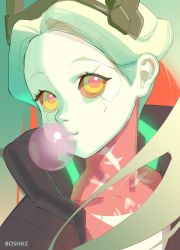 Rule 34 | 1girl, artificial eye, artist name, black jacket, boshke, blowing bubbles, chewing gum, collarbone, colored sclera, commentary, cyberpunk (series), cyberpunk edgerunners, gradient background, green hair, highres, jacket, looking at viewer, mechanical eye, neck tattoo, partially unzipped, portrait, rebecca (cyberpunk), red pupils, red sclera, samurai jacket (cyberpunk), solo, tattoo, yellow eyes