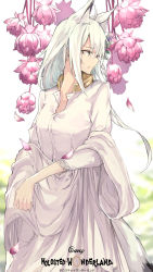 Rule 34 | 1girl, absurdres, ahoge, alternate costume, animal ear fluff, animal ears, asymmetrical hair, blue eyes, braid, breasts, closed mouth, collared shirt, commentary, cowboy shot, english text, expressionless, flower, fox ears, fox tail, hair between eyes, highres, hololive, logo, long hair, looking to the side, medium breasts, parody, partially unbuttoned, petals, shawl, shirakami fubuki, shirt, side braid, solo, tail, text background, tsumeki, twisted wonderland, virtual youtuber, white hair, white shirt