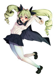 Rule 34 | 1girl, :d, anchovy (girls und panzer), anzio school uniform, arched back, arms up, black cape, black footwear, black necktie, black ribbon, black skirt, bralines, cape, commentary request, dress shirt, drill hair, full body, girls und panzer, green hair, hair ribbon, highres, holding, holding riding crop, jumping, loafers, long hair, long sleeves, looking at viewer, miniskirt, nakasone haiji, necktie, open mouth, pantyhose, pleated skirt, red eyes, ribbon, riding crop, school uniform, see-through, shirt, shoes, simple background, skirt, smile, solo, twin drills, twintails, white background, white pantyhose, white shirt, wing collar