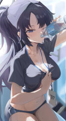 1girl absurdres blue_archive blue_buruma bottle breasts buruma cleavage clothes_lift drinking haohaomaster highres id_card large_breasts lifting_own_clothes long_hair midriff navel one_eye_closed plastic_bottle purple_eyes purple_hair shirt_lift solo sweat thighs two_side_up underboob water_bottle yuuka_(blue_archive) yuuka_(track)_(blue_archive)