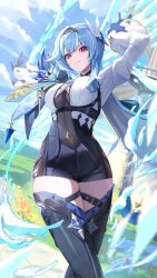 Rule 34 | 1girl, black hairband, black shorts, black thighhighs, blue hair, blue sky, breasts, brown eyes, cloud, commentary, cowboy shot, day, eula (genshin impact), genshin impact, ginlear, hair ornament, hairband, high-waist shorts, highres, large breasts, long hair, long sleeves, looking at viewer, second-party source, shirt, short shorts, shorts, sky, smile, solo, standing, thighhighs, thighs, white shirt, wide sleeves