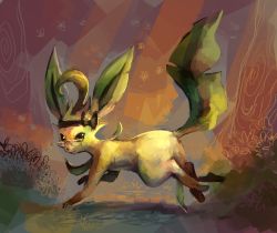 Rule 34 | abstract background, ahoge, bespectacled, black ribbon, bow, brown eyes, bug, bush, butterfly, creature, creatures (company), full body, game freak, gen 4 pokemon, glasses, glitchedpuppet, grass, hair ribbon, headband, highres, huge ahoge, bug, leaf, leafeon, looking at viewer, nintendo, no humans, pokemon, pokemon (creature), ribbon, running, solo, tree