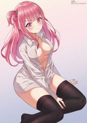 Rule 34 | 1girl, absurdres, artist name, between legs, black thighhighs, blush, breasts, cleavage, closed mouth, collarbone, collared shirt, commentary, dress shirt, gradient background, hair ornament, hairclip, hand between legs, highres, kim nag-seo, long hair, long sleeves, looking at viewer, medium breasts, naked shirt, navel, no bra, no shoes, one side up, original, partially unbuttoned, pink background, pink eyes, pink hair, shirt, sitting, solo, sweat, thighhighs, white shirt, wing collar
