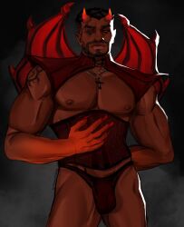Rule 34 | 1boy, alternate costume, arm behind back, baptiste (overwatch), beard, black hair, bulge, closed mouth, commentary, cowboy shot, cross, dark-skinned male, dark skin, demon, demon horns, english commentary, facial hair, hand on own chest, highres, horns, looking at viewer, male focus, muscular, muscular male, nail, nipples, open hand, overwatch, overwatch 2, peachydaes2, pointy ears, red eyes, red wings, short hair, shoulder tattoo, solo, tattoo, twitter username, upper body, wings