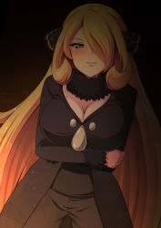 Rule 34 | 1girl, alternate breast size, black collar, blonde hair, blush, breasts, cleavage, coat, collar, commentary request, creatures (company), cynthia (pokemon), eyelashes, fur-trimmed coat, fur collar, fur trim, game freak, hair ornament, hair over one eye, highres, kayama kenji, large breasts, long hair, looking at viewer, nintendo, pants, parted lips, pokemon, pokemon dppt, shirt, smile, solo, yellow eyes
