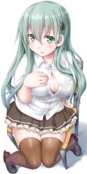 Rule 34 | 1girl, blush, breasts, brown skirt, brown thighhighs, chair, cleavage, collarbone, dd (ijigendd), green eyes, green hair, hair between eyes, hair ornament, hairclip, highres, kantai collection, large breasts, loafers, long hair, looking at viewer, open mouth, pleated skirt, school uniform, shirt, shoes, short sleeves, simple background, sitting, skirt, smile, solo, suzuya (kancolle), thighhighs, white background, white shirt, zettai ryouiki