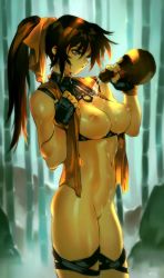 Rule 34 | 1girl, bamboo, bamboo forest, bottomless, breasts, brown hair, commentary, english commentary, fingerless gloves, forest, galgrease, galhound, gloves, gourd, hair ribbon, high ponytail, holding, hyakkisyo shion, long hair, nature, navel, o-ring, open clothes, open vest, optionaltypo, outdoors, ponytail, pouring, pouring onto self, retro artstyle, ribbon, rock, signature, solo, sweat, thigh strap, vest, wet