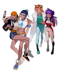 Rule 34 | 2boys, 2girls, :q, abs, armlet, ascot, bare legs, belly chain, bike shorts, black footwear, black hoodie, blue eyes, blue shorts, boots, bright pupils, closed mouth, covered collarbone, creatures (company), dark-skinned male, dark skin, food, food on face, game freak, gen 4 pokemon, genderswap, genderswap (ftm), genderswap (mtf), green eyes, green footwear, green shirt, hair bun, headband, highres, holding, hood, hoodie, hot gay 241, jewelry, lab coat, leon (pokemon), multiple boys, multiple girls, navel, necklace, nessa (pokemon), nintendo, open mouth, orange-tinted eyewear, orange hair, orange headband, pants, pectorals, pokemon, pokemon swsh, raihan (pokemon), ribbed shirt, rotom, rotom phone, sandals, shirt, shoes, short hair, shorts, side slit, side slit shorts, smile, sonia (pokemon), standing, sunglasses, sweatdrop, tailcoat, tinted eyewear, toes, tongue, tongue out, v, white ascot, white pupils, yellow eyes
