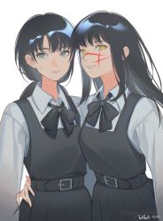 Rule 34 | 2girls, arm around waist, belt, black belt, black bow, black bowtie, black dress, black hair, bow, bowtie, chainsaw man, closed mouth, collared shirt, dress, dual persona, facial scar, grey eyes, highres, long hair, long sleeves, looking at viewer, mitaka asa, multiple girls, nay akane, parted lips, pinafore dress, ringed eyes, scar, scar on cheek, scar on face, shirt, simple background, sleeveless, sleeveless dress, twitter username, upper body, white background, white shirt, yellow eyes, yoru (chainsaw man)