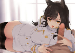 Rule 34 | 1boy, 1girl, 27-nichi, animal ears, atago (azur lane), azur lane, breasts, brown hair, buttons, censored, double-breasted, highres, indoors, jacket, large breasts, long hair, looking at viewer, medal, mosaic censoring, orange eyes, pencil skirt, penis, skindentation, skirt, thighhighs, tongue, tongue out, uniform, white jacket, white skirt