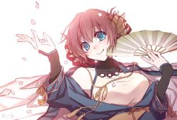 1girl ainu_clothes animal_ears aquaplus blue_eyes braid breasts closed_mouth dookoco fang hair_between_eyes hand_fan head_tilt holding holding_fan large_breasts long_sleeves looking_at_viewer nosuri petals raised_eyebrows red_hair smile solo upper_body utawarerumono utawarerumono:_itsuwari_no_kamen