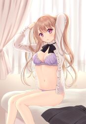 Rule 34 | 1girl, arms up, backlighting, bed, bedroom, black bow, black bowtie, blue bra, blue panties, bow, bowtie, bra, breasts, cleavage, collar, commentary, curtains, dress shirt, frilled collar, frills, hands in hair, highres, indoors, light brown hair, long hair, long sleeves, looking at viewer, medium breasts, navel, no pants, on bed, open clothes, open shirt, original, osumi izumi, panties, parted lips, pink eyes, shirt, sitting, skirt, unworn skirt, solo, underwear, white shirt