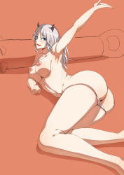 Rule 34 | 1girl, aqua eyes, armpits, ass, ayakumo, blush, breasts, club, club (weapon), eyebrows, fang, hand up, horns, kanabou, legs, long hair, looking at viewer, lying, navel, nipples, nude, on side, open mouth, original, panties, panty pull, puffy nipples, red background, shiny skin, sidelocks, silver hair, simple background, slit pupils, smile, solo, stomach, thighs, tongue, topless, underwear, weapon