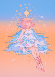 Rule 34 | 1girl, bare legs, blue background, blue hair, blush, closed eyes, cloud clothes, dress, gradient background, gradient hair, highres, invisible chair, medium hair, meyoco, multicolored hair, no nose, orange background, original, pink footwear, pink hair, shoes, sitting, solo, white dress